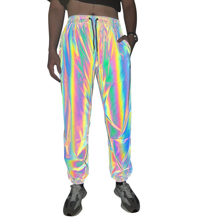 LZLRUN Rainbow Reflective Shorts Pants Men Fluorescent Trousers Casual Night Jogger (L, Pants) - Image 1